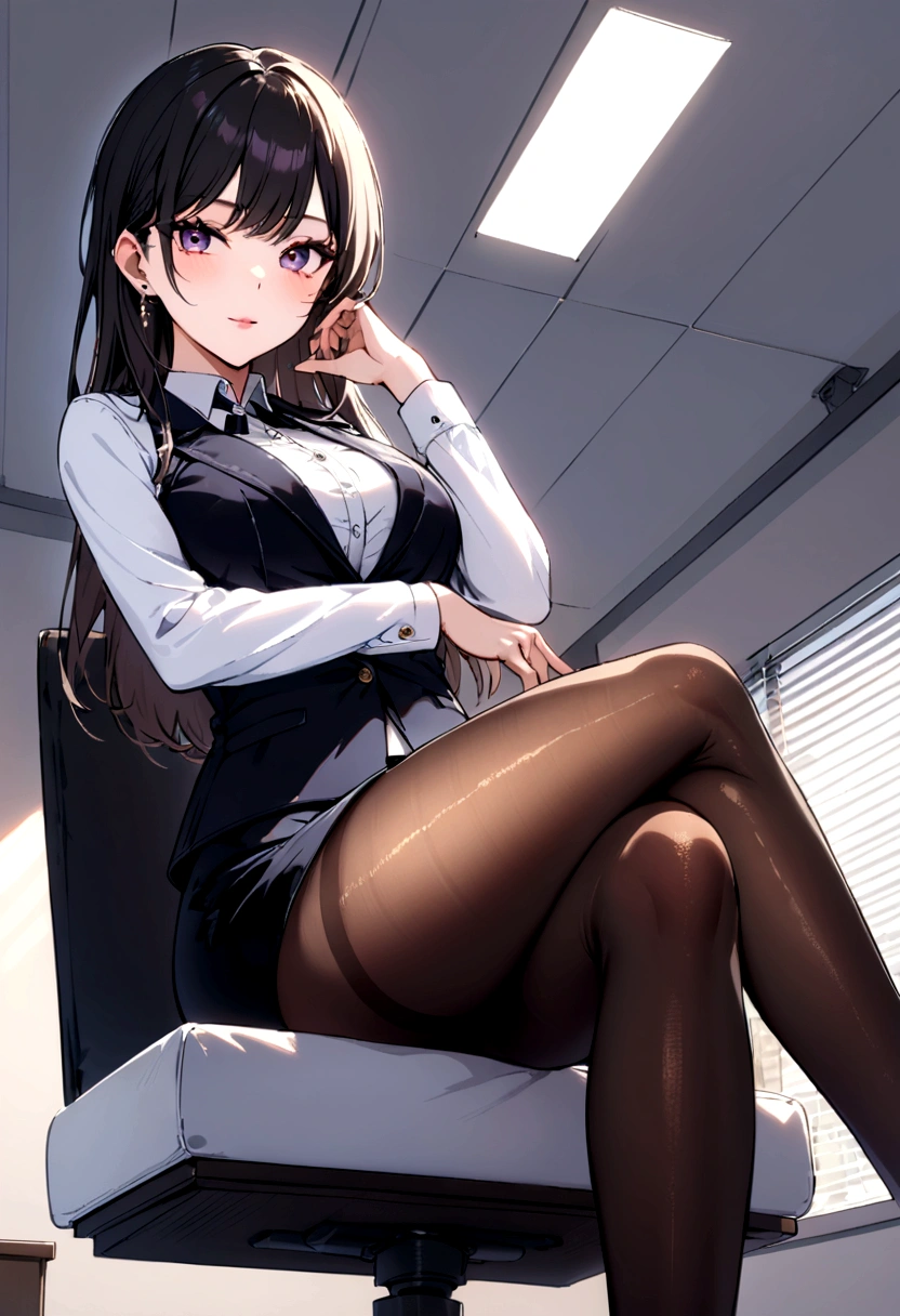 Crossed legs,Office,Pantyhose, rays of light, elegance face