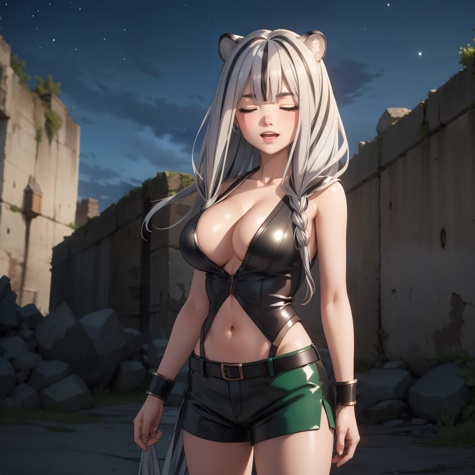 Atlas Fayon woman 40 years, white hair with black stripes ,white tiger ears, closed eyes, mujer ciega con closed eyes, explorer costume, green low cut leather tops, green leather shorts,  big breasts,, background of a ruined castle at night. Starry Night. huge breasts in front of the camera. foreground. smile confidently, expression of confidence. dynamic pose.