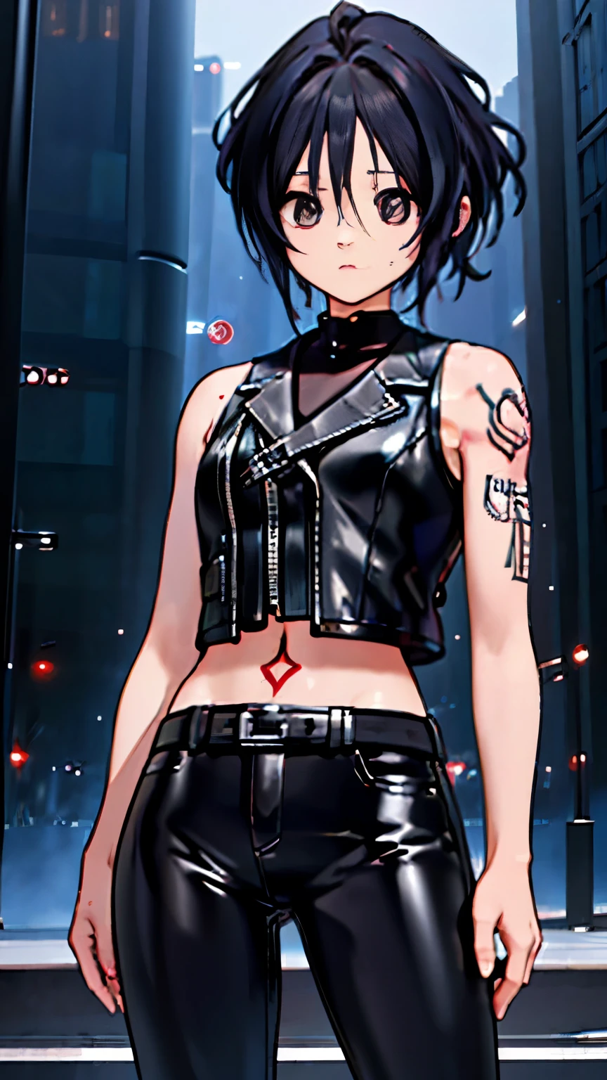 (highest quality),masterpiece,Super detailed,8K, UHD,Beautiful woman,japanese woman,No expression,whole body,((Tattoo on arm)),slim,black leather pants,black leather vest,(female mafia),gangster,(cyberpunk city),night,cinematic lightening,underworld