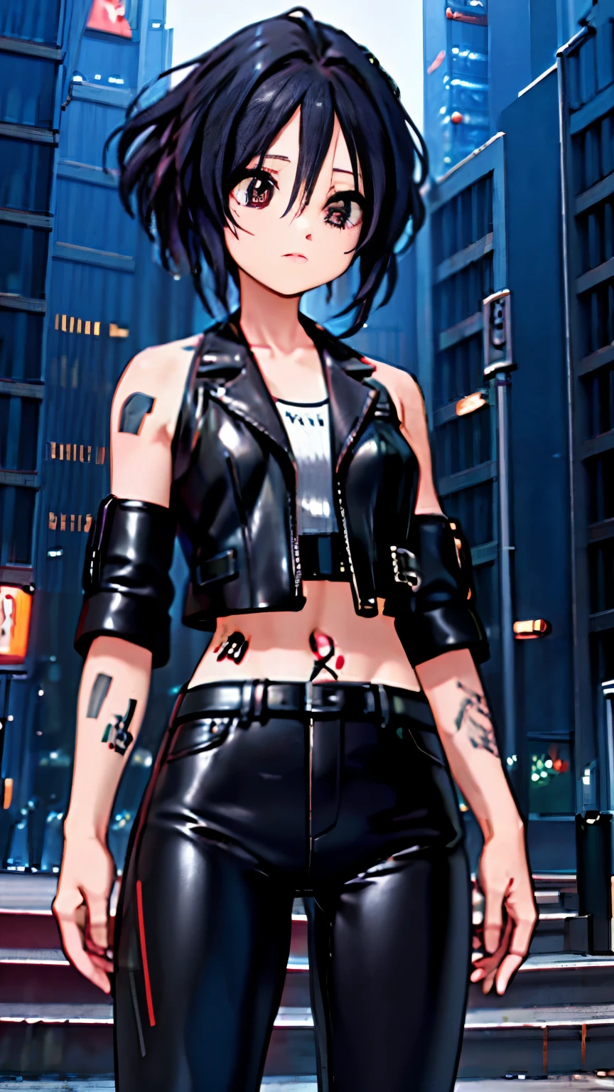 (highest quality),masterpiece,Super detailed,8K, UHD,Beautiful woman,japanese woman,No expression,whole body,((Tattoo on arm)),slim,black leather pants,black leather vest,(female mafia),gangster,(cyberpunk city),night,cinematic lightening,underworld