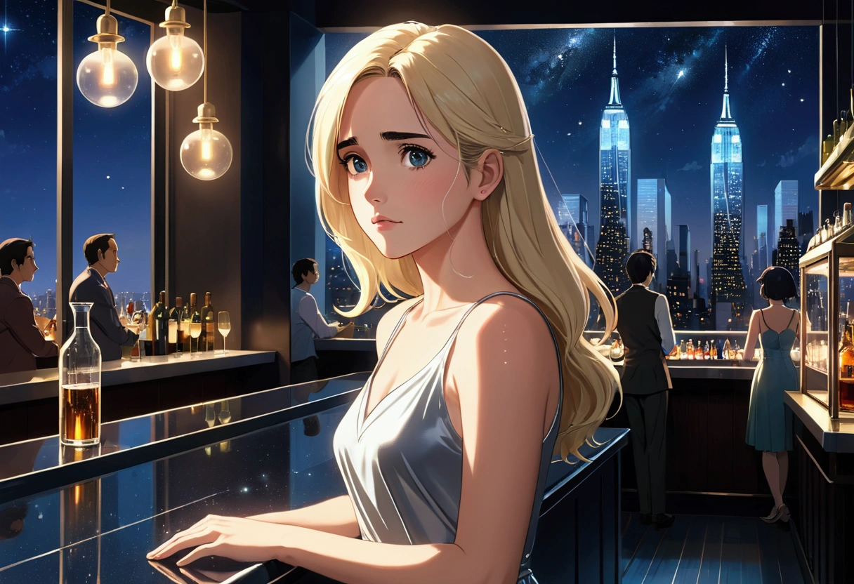 Uses Makoto Shinkai'The depiction is perfect,Jennifer Connelly portrait,8k 4k masterpiece photo ,Chicago,A pub on the top floor of a high rise building,I can see the twinkling stars through the glass window.,that'Outside in the dark night,Jazz is playing,profile,Beautiful profile,Long Hair,Blonde,Not looking at me,Look in a different direction,Standing alone, not leaning against the counter,She is wearing a grey lace sleeveless dress,Large bust,Five fingers,Fingers are gentle.