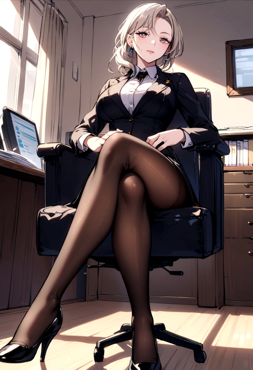 Crossed legs,Office,Pantyhose, rays of light, elegance face,mature face