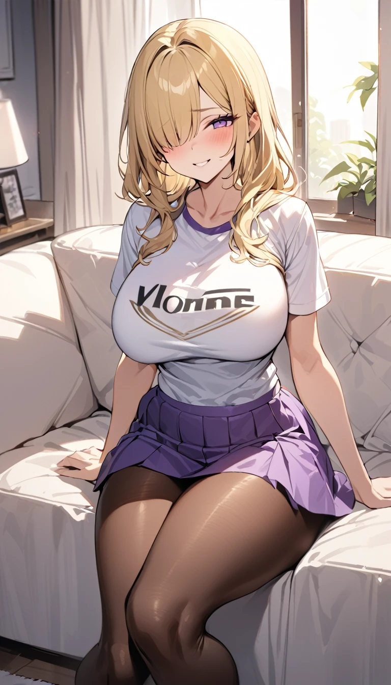 ((Best Quality)), ((Masterpiece)), (detailed), 1 girl, Pastel yellow hair, wide, hair covers one eye, purple eyes, tight, big breasts, big thighs, expression smiling shy, white vote t-shirt, purple skirt, brown pantyhose, at home, sitting on the sofa