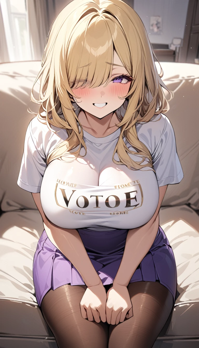 ((Best Quality)), ((Masterpiece)), (detailed), 1 girl, Pastel yellow hair, wide, hair covers one eye, purple eyes, tight, big breasts, big thighs, expression smiling shy, white vote t-shirt, purple skirt, brown pantyhose, at home, sitting on the sofa