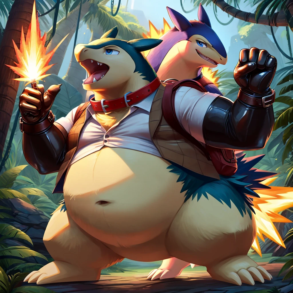 Male, fat, extremely obese, gentleman, Typhlosion, blue eyes, (posing:1.3), (soft shading), 4k, hi res, ((detailed face, detailed)), looking upward, breathing fire, gaping mouth, jungle, forest, shirt, top hat, male focus, Explorer Outfit, glasses, monocle, bag, vest, backpack, sleeves rolled up, round eyewear, brown headwear, brown vest, Typhlosion is wearing a glossy leather dog collar around the neck, Typhlosion is wearing the leather collar and shirt and vest at the same time, Typhlosion is wearing glossy white rubber gloves on the hands, wearing white rubber gloves on the feet, Typhlosion is wearing glossy white cuffs around the wrists and ankles, gold cufflinks gloves are rubber in texture, clenching teeth, clenching fists, leather collar is glossy and shiny with a lot of detail, Typhlosion is wearing gloves and cuffs and cufflinks at the same time.