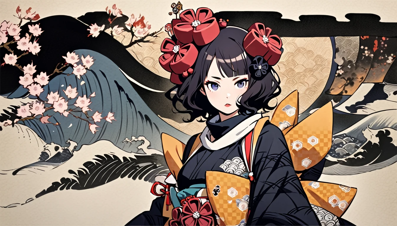 (((Katsushika Hokusai))), ((Skeleton wearing a kimono)), Horror elements
