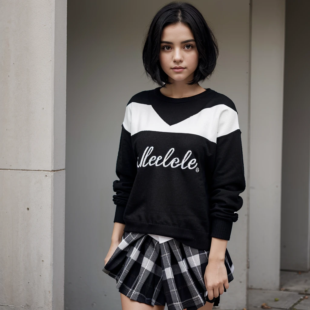 Girl with short medium black hair, black sweatshirt, White shirt, gray plaid skirt and black measurements