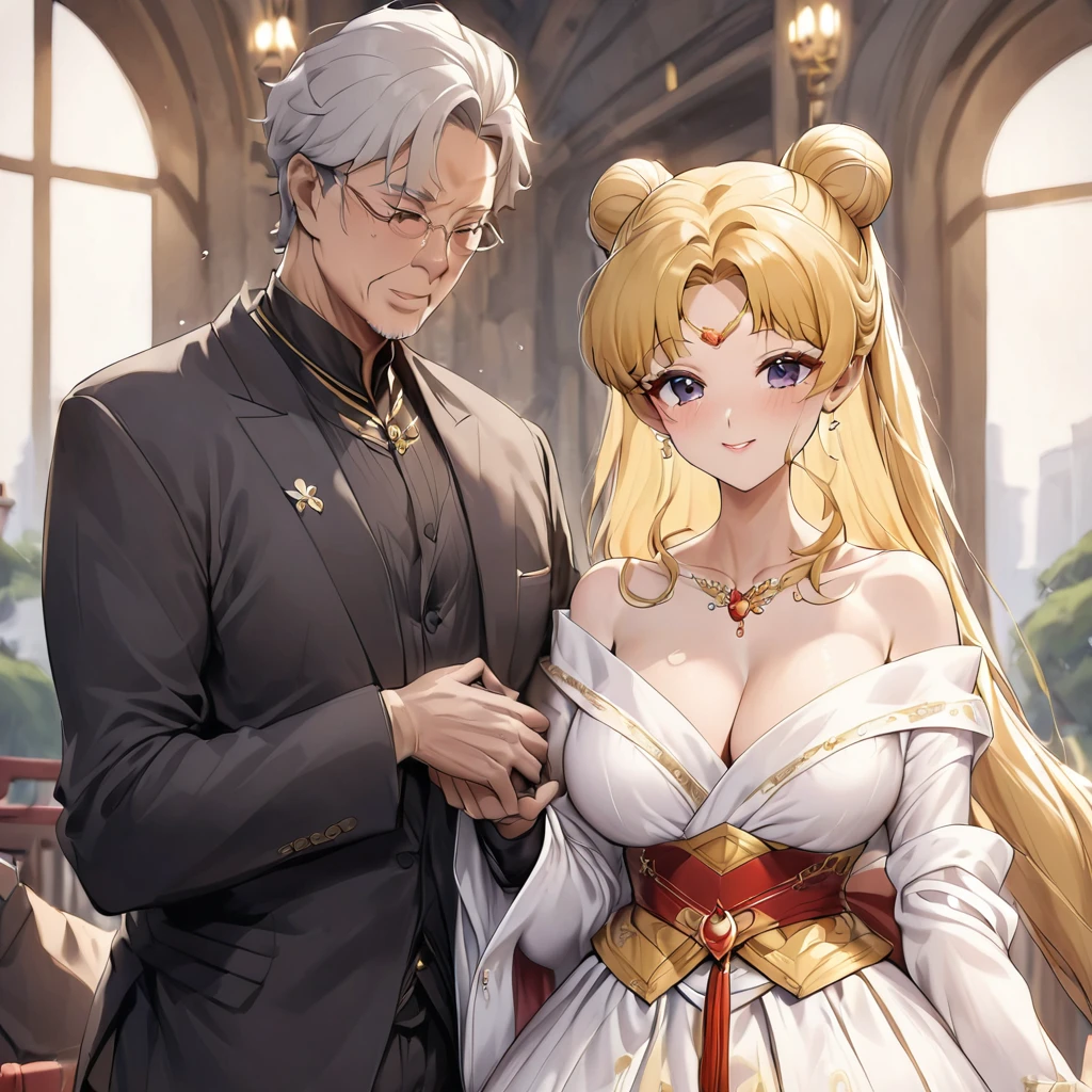 ((Highest quality)), ((masterpiece)), (detailed), (Perfect Face)、The woman is getting married to the man in a full Hanfu wedding dress at a luxurious church in China.、The woman has a gorgeous hairstyle and wears gorgeous jewellery.、The woman is the elegant Tsukino Usagi, with long blonde hair in a chignon twin tail.、A man is dressed in a Hanfu groom costume and is having a wedding with a woman