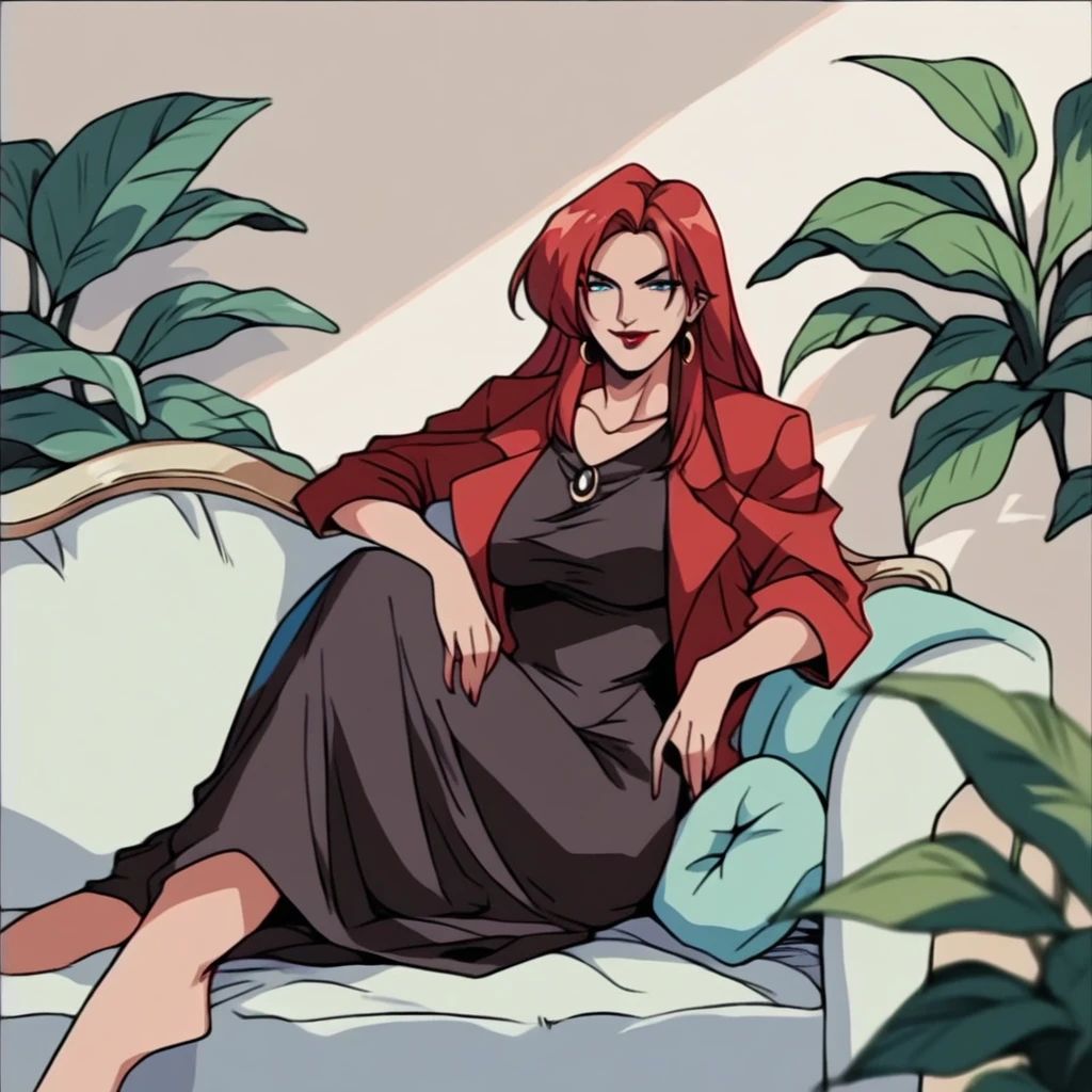 rating_explicit, beautyful mature woman, black low-cut dress, red jacket, redhair, red hair, long hair, blue eyes, red lipstick, encorped body, evil smile, sit in sofa, drinking wyne