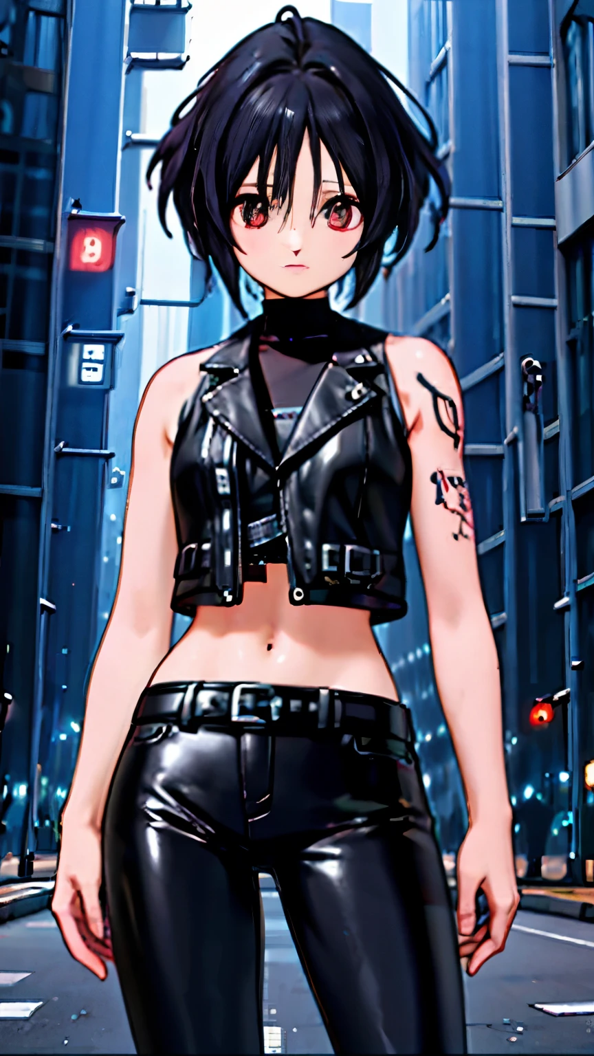 (highest quality),masterpiece,Super detailed,8K, UHD,Beautiful woman,japanese woman,No expression,whole body,((Tattoo on arm)),slim,black leather pants,black leather vest,(female mafia),gangster,(cyberpunk city),night,cinematic lightening,underworld