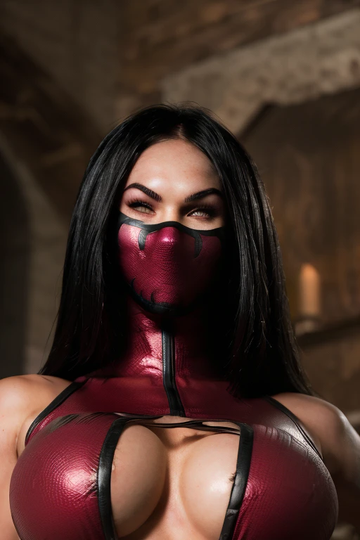 ((Masked)) Megan Fox, sexy woman (big boobs) dressed as Deadpool from Marvel Comics, In the fortress of loneliness, Looks cool, (ultra realistic), (illustartion), (High Resolution), (8K), (Very detailed), (Best illustration), (Best Quality), (Ultra Detailed), (Masterpiece), solo, (dynamicpose), dark studio
