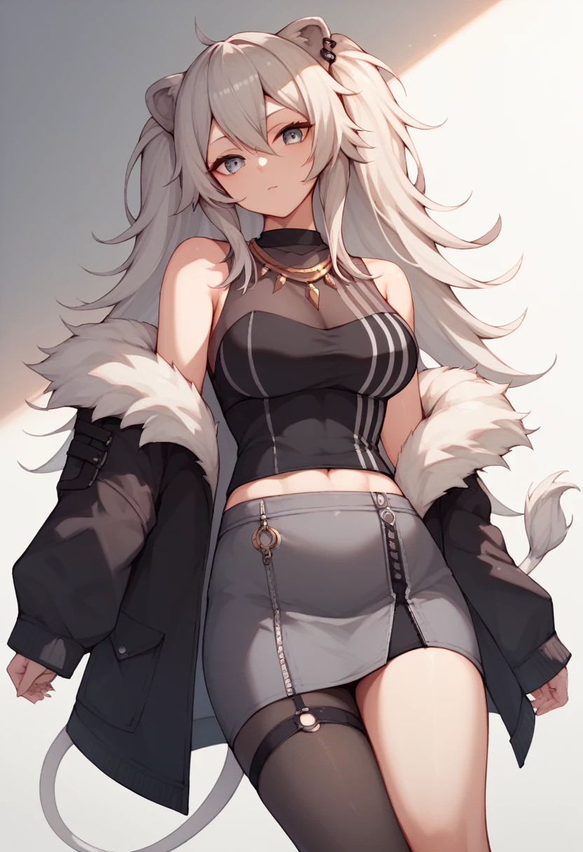 BotanBase, long hair, two side up, ear piercing, lion tail, necklace, black shirt, sleeveless shirt, midriff, see-trough, grey skirt, single leg pantyhose, pantyhose, fur-trimmed jacket, black jacket, off shoulder