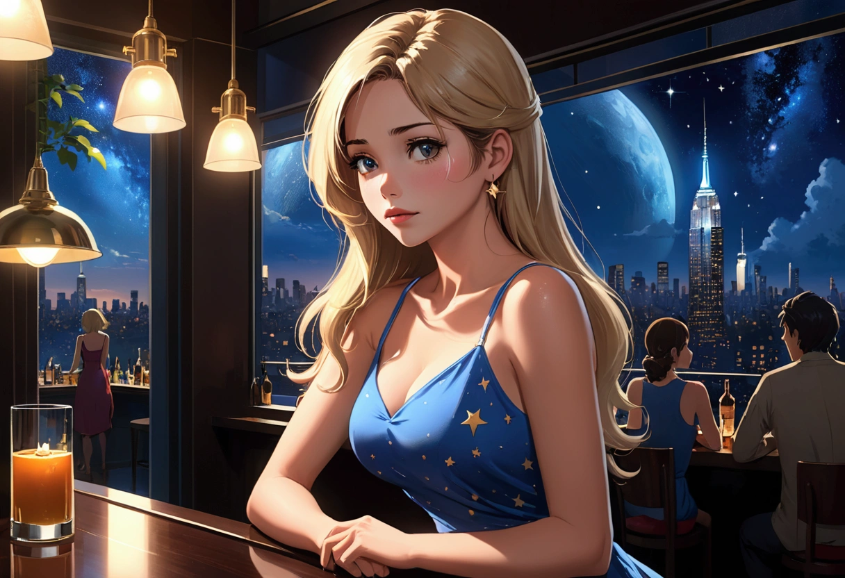 Blonde woman in blue dress sitting on sofa drinking a glass of wine, Style Artgerm, beautiful and seductive anime woman, Beautiful anime woman, Blonde anime girl with long hair, seductive anime girls, stunning art style, Extremely detailed Artgerm, attractive anime girls, art-style, digital art of an elegant, Beautiful anime girl, High-quality fanart