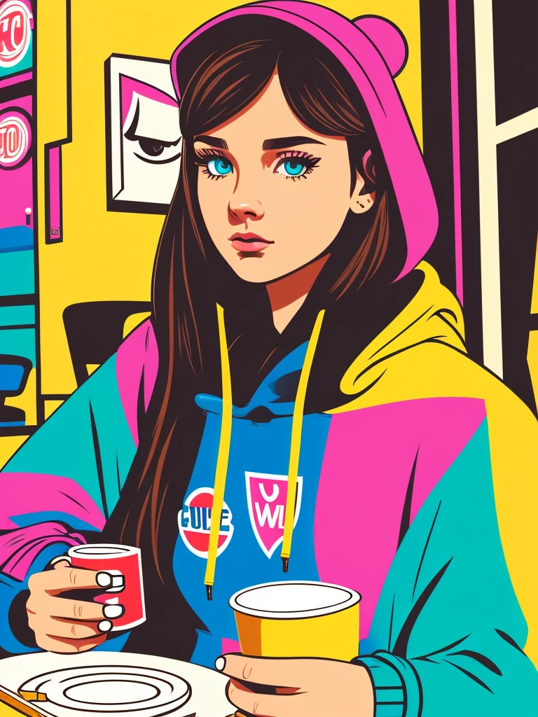 Create pop art style digital artwork, Featuring vibrant and confident young asian girl in street fashion, wearing hoodies、Cinematic color scheme, Energetic brush strokes,calm atmosphere, Upper body, Drawing, Illustration, grayscales, Holding a wine glass in one hand、solid background、drinking wine