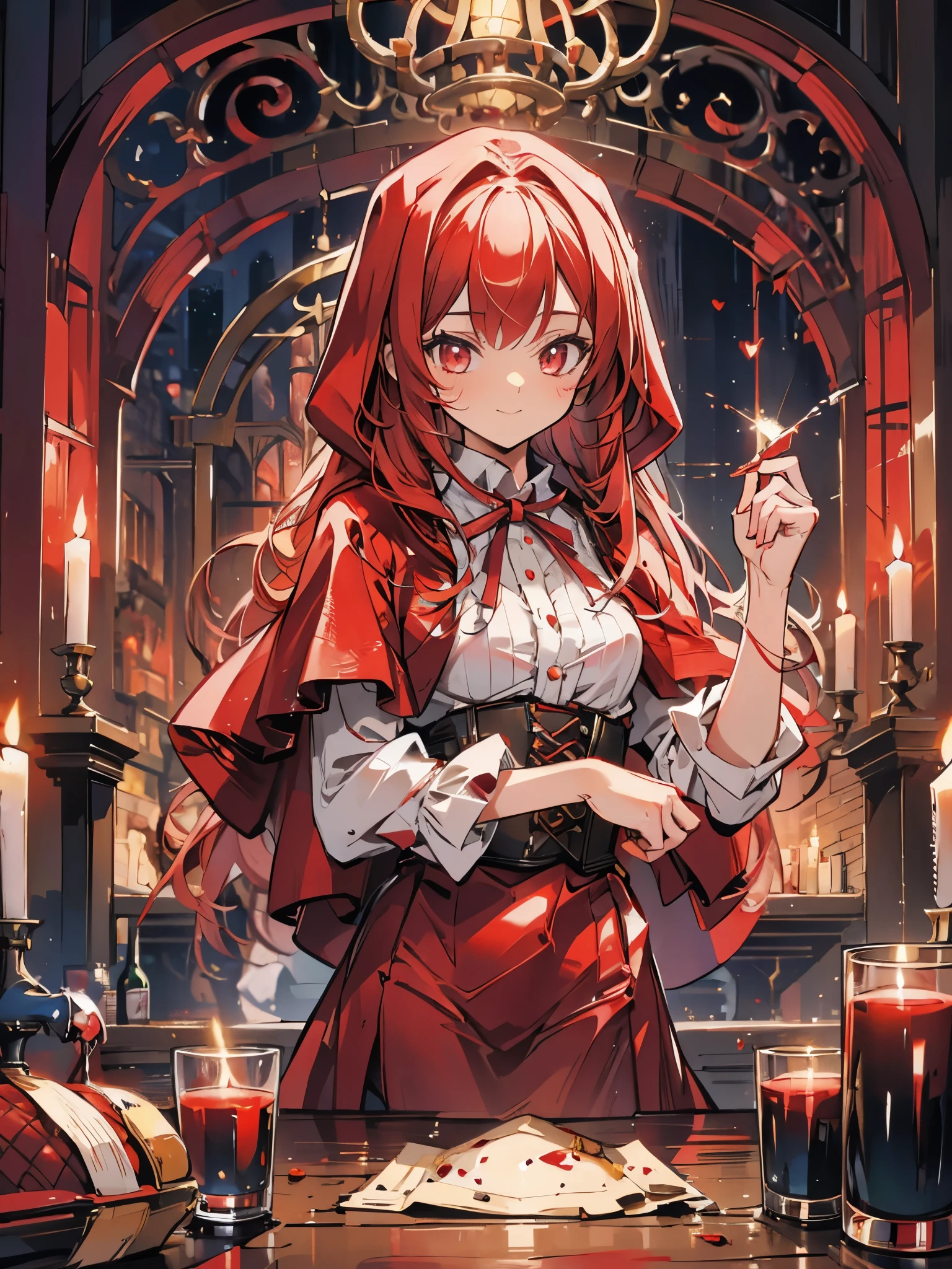 little red riding hood, fireplace, dinning table, steak with blood, candles, wine red