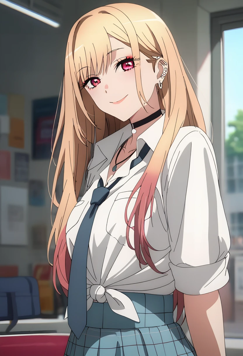 (score_9_up, score_8_up, score_7_up), (masterpiece, best quality, ultra detailed, intricate details, source anime, high resolution, smooth lines), kitagawa marin, 1girl, solo, long hair, breasts, looking at viewer, smile, bangs, blonde hair, red eyes, jewelry, multicolored hair, earrings, choker, necklace, black choker, piercing, ear piercing, , white shirt, tied shirt, blue necktie, plaid skirt, anime,