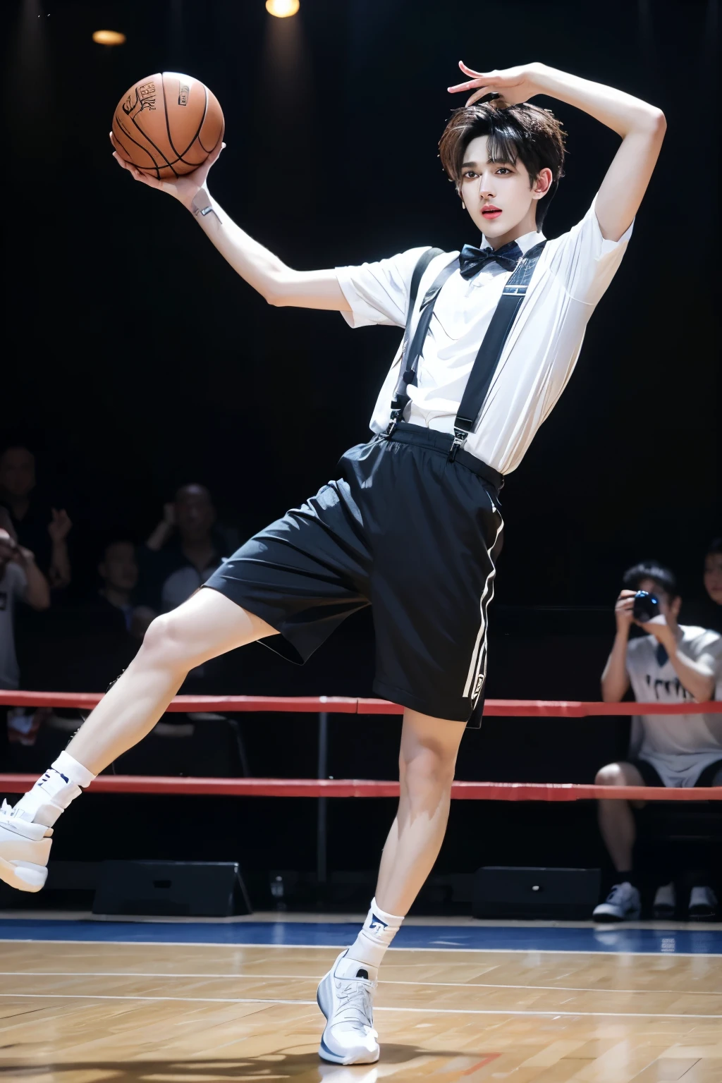 A twenty-year-old young man standing, raising his right hand and giving a thumbs-up 
