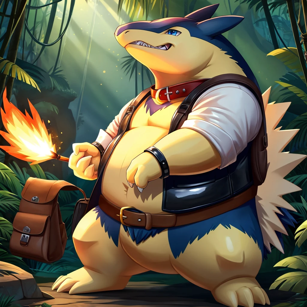 Solo, Male, fat, extremely obese, gentleman, dapper Professor Typhlosion, has a gloden belly-button piercing, blue eyes, (posing:1.3), (soft shading), 4k, hi res, ((detailed face, detailed)), looking at viewer, evil grin, jungle, forest, collared shirt with buttons, top hat, male focus, Explorer Outfit, glasses, monocle, bag, vest with buttons, backpack, sleeves rolled up, round eyewear, brown headwear, brown vest, Typhlosion is wearing a glossy leather dog collar around the neck, Typhlosion is wearing the leather collar and shirt and vest at the same time, Typhlosion is wearing glossy white rubber gloves on the hands, wearing white rubber gloves on the feet, Typhlosion is wearing glossy white cuffs around the wrists, gold cufflinks gloves are rubber in texture, clenching teeth, clenching fists, leather collar is glossy and shiny with a lot of detail, Typhlosion is wearing gloves and cuffs and cufflinks at the same time, leather collar has a round dog-tag, leather collar is thick and detailed.