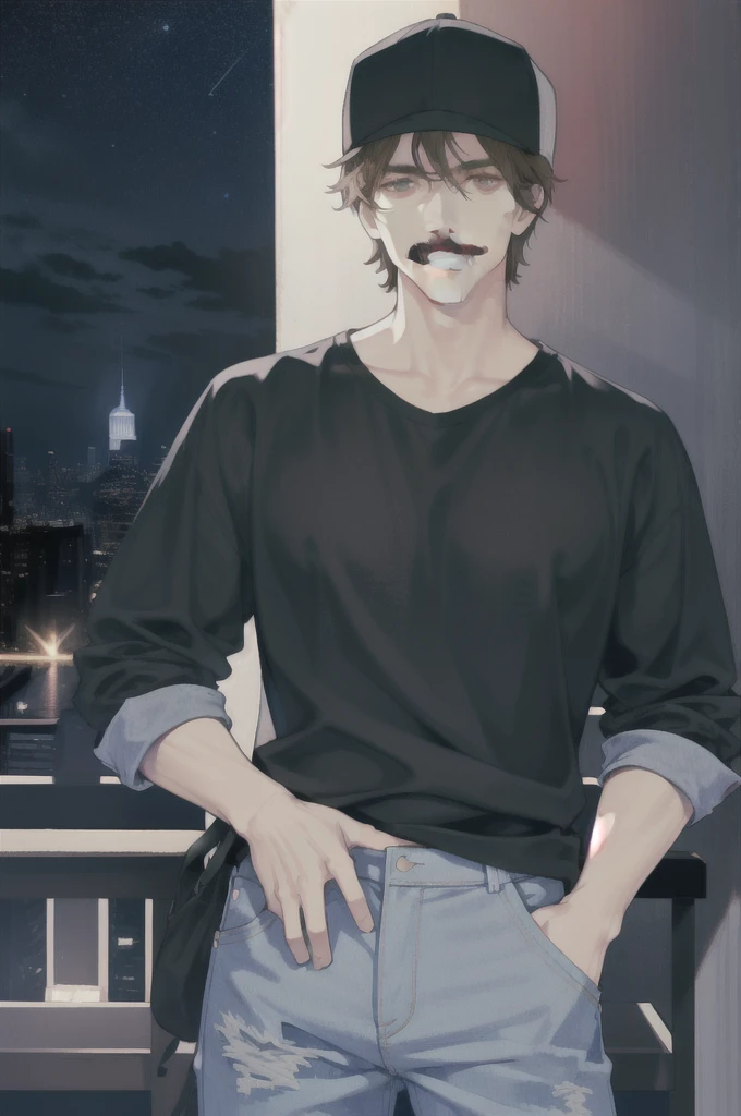 tattoo、A male character wearing a camouflage jumper, a black shirt and light jeans, shortcut、(Blonde with golden mesh), With a rifle in his hand、Sitting on the roof of a building, looking at the sky、((smoking a cigarette))、eyepatch on one eye、