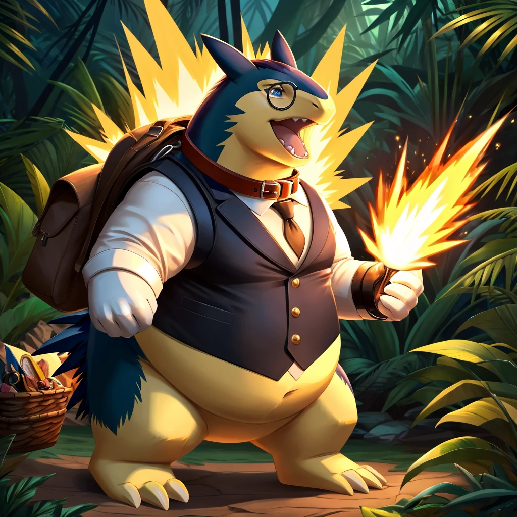Male, fat, extremely obese, gentleman, Typhlosion, blue eyes, (posing:1.3), (soft shading), 4k, hi res, ((detailed face, detailed)), looking upward, breathing fire, gaping mouth, jungle, forest, shirt, top hat, male focus, Explorer Outfit, glasses, monocle, bag, vest, backpack, sleeves rolled up, round eyewear, brown headwear, brown vest, Typhlosion is wearing a glossy leather dog collar around the neck, Typhlosion is wearing the leather collar and shirt and vest at the same time, Typhlosion is wearing glossy white rubber gloves on the hands, wearing white rubber gloves on the feet, Typhlosion is wearing glossy white cuffs around the wrists and ankles, gold cufflinks gloves are rubber in texture, clenching teeth, clenching fists, leather collar is glossy and shiny with a lot of detail, Typhlosion is wearing gloves and cuffs and cufflinks at the same time.