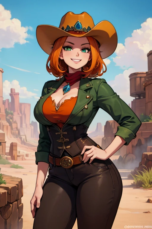 Perfect face, perfect hand. An orange haired female with green eyes and an hourglass figure in a conservative cowgirl outfit is exploring a mine with a big smile
