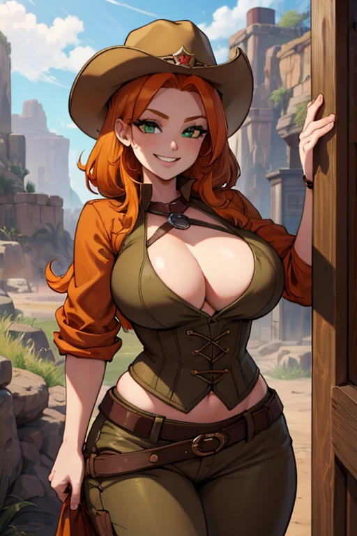 Perfect face, perfect hand. An orange haired female with green eyes and an hourglass figure in a conservative cowgirl outfit is exploring a mine with a big smile
