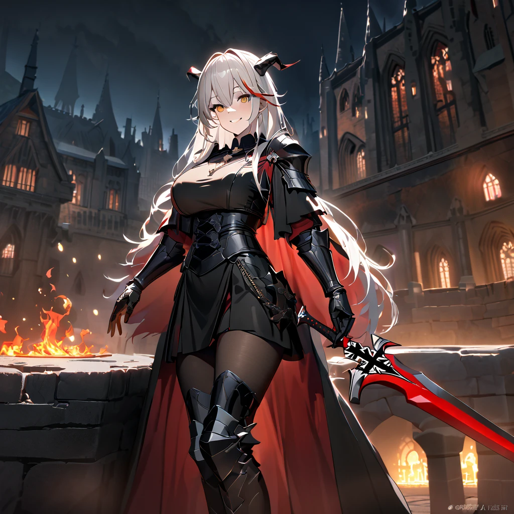 A woman wearing black heavy armor, black metal bracelet, black metal boots, horned shoulder pads, wearing a red fur cape, iron cross necklace on her neck, big breasts, smiling, perfect face, holding a red sword with flames, black metal gloves, white hair, long hair, red bangs, multicolored hair, yellow eyes, on the outside of a gothic medieval castle, medieval setting, wide view of the sky, night place, illuminated.UHD , prime work , accurate , anatomically correct , textured skin , super details , high quality , best quality, 8k, high resolution, bokeh effect. (woman alone),
