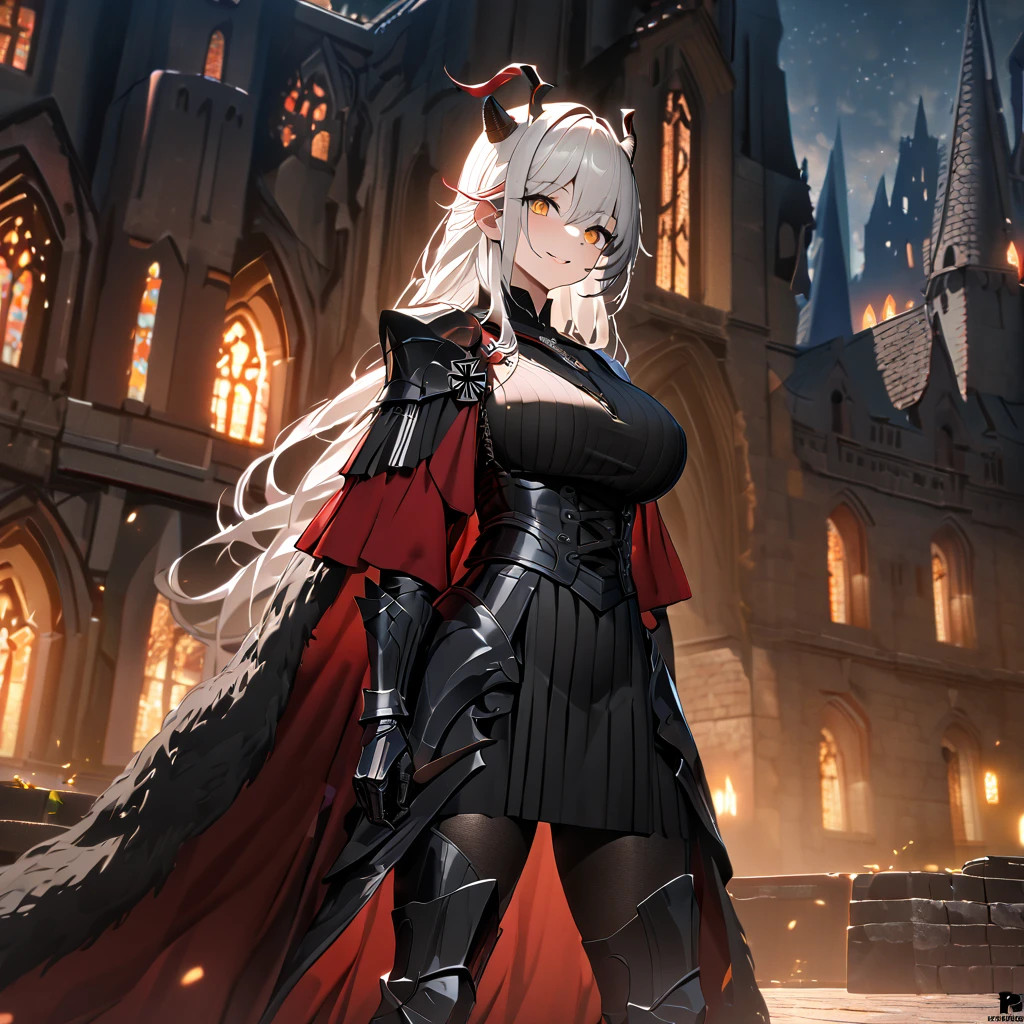 A woman wearing black heavy armor, black metal bracelet, black metal boots, horned shoulder pads, wearing a red fur cape, iron cross necklace on her neck, big breasts, smiling, perfect face, holding a red sword with flames, black metal gloves, white hair, long hair, red bangs, multicolored hair, yellow eyes, on the outside of a gothic medieval castle, medieval setting, wide view of the sky, night place, illuminated.UHD , prime work , accurate , anatomically correct , textured skin , super details , high quality , best quality, 8k, high resolution, bokeh effect. (woman alone),
