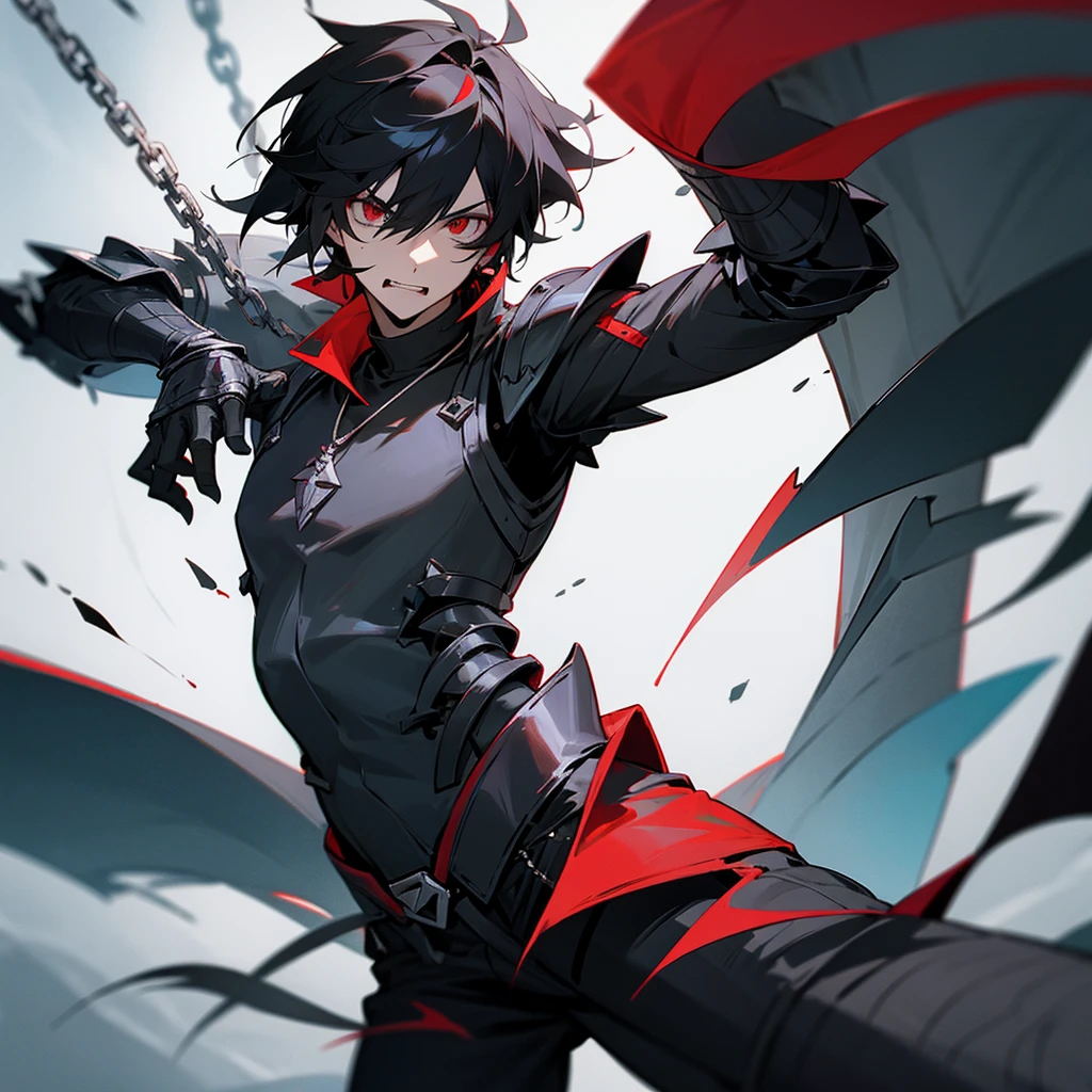 create a male anime character, 1.85 with a strong physical body and with a sword in the sheath, his clothes are just black pants and boots, he has crimson red eyes and black hair. (make a simple red background)