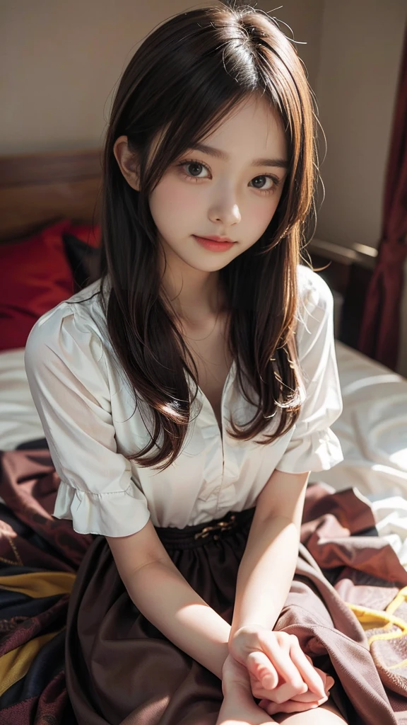 girl in uniform, Japan uniform, smiling smile, sitting on bed, legs raised, legs open, showing white panties through skirt, RAW,(8k, best quality, masterpiece:1.2),(intricate detail:1.4),(photorealistic:1.4),octane rendering, complex 3d rendering ultra detail, studio soft light, rim light, vivid details, super detail, realistic skin texture, detail face, beautiful detail eyes, very detailed cg unity 8k wallpaper, makeup, (detailed background:1.2),