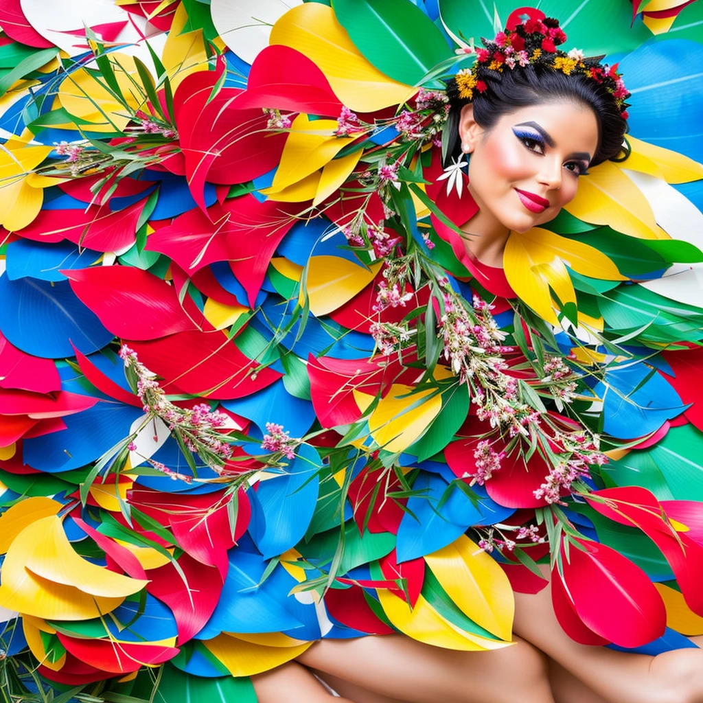 Create a vibrant and colorful image for the cover of the single "Ritmo de la Noche" by the Latin singer Valentina. The image should feature Valentina in a festive and tropical setting, reflecting the energy and passion of her music.

Setting: A beach at sunset with palm trees, hanging party lights, and a bonfire in the background. The sky should be in shades of orange, pink, and purple, creating a warm and welcoming atmosphere.

Valentina:

Appearance: A 25-year-old woman with long, wavy hair dyed a vibrant shade of red. She has a confident and radiant expression.
Outfit: Valentina is wearing a colorful and modern outfit that mixes traditional Latin elements with contemporary trends. It could be a crop top and skirt with tropical prints, or a light, flowy dress.
Accessories: Large, flashy earrings, colorful bracelets, and perhaps a flower in her hair for a tropical touch.
Position: Valentina is in the center of the image, in an animated dance pose, perhaps with one hand raised and a contagious smile.
Additional Elements:

Add musical notes and geometric patterns around Valentina to represent the fusion of Latin rhythms.
Include the title of the single "Ritmo de la Noche" in a stylized font, with warm colors like red, orange, and yellow to evoke a sense of fire and passion.
Use a vibrant color palette of red, orange, pink, and blue to capture the energy and liveliness of Latin music.
Incorporate tropical elements like exotic flowers, shells, and gentle waves to enhance the festive and tropical atmosphere.