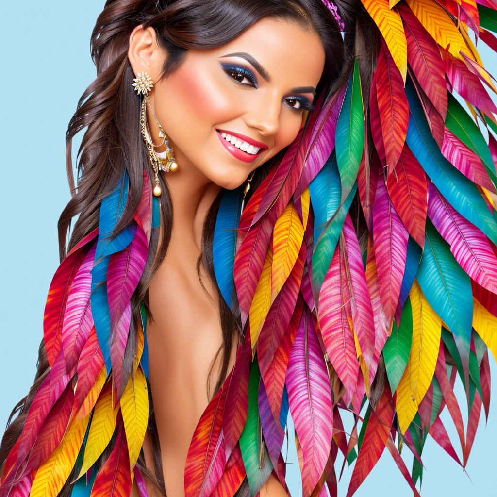 Create a vibrant and colorful image for the cover of the single "Ritmo de la Noche" by the Latin singer Valentina. The image should feature Valentina in a festive and tropical setting, reflecting the energy and passion of her music.

Setting: A beach at sunset with palm trees, hanging party lights, and a bonfire in the background. The sky should be in shades of orange, pink, and purple, creating a warm and welcoming atmosphere.

Valentina:

Appearance: A 25-year-old woman with long, wavy hair dyed a vibrant shade of red. She has a confident and radiant expression.
Outfit: Valentina is wearing a colorful and modern outfit that mixes traditional Latin elements with contemporary trends. It could be a crop top and skirt with tropical prints, or a light, flowy dress.
Accessories: Large, flashy earrings, colorful bracelets, and perhaps a flower in her hair for a tropical touch.
Position: Valentina is in the center of the image, in an animated dance pose, perhaps with one hand raised and a contagious smile.
Additional Elements:

Add musical notes and geometric patterns around Valentina to represent the fusion of Latin rhythms.
Include the title of the single "Ritmo de la Noche" in a stylized font, with warm colors like red, orange, and yellow to evoke a sense of fire and passion.
Use a vibrant color palette of red, orange, pink, and blue to capture the energy and liveliness of Latin music.
Incorporate tropical elements like exotic flowers, shells, and gentle waves to enhance the festive and tropical atmosphere.