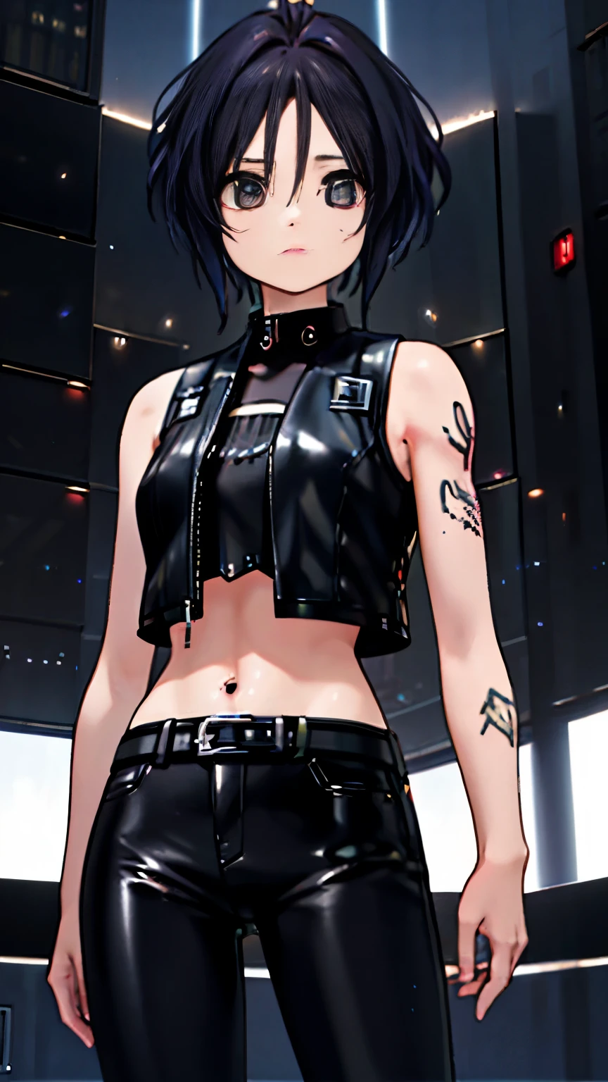 (highest quality),masterpiece,Super detailed,8K, UHD,Beautiful woman,japanese woman,No expression,whole body,((Tattoo on arm)),slim,black leather pants,black leather vest,(female mafia),gangster,(cyberpunk city),night,cinematic lightening,underworld