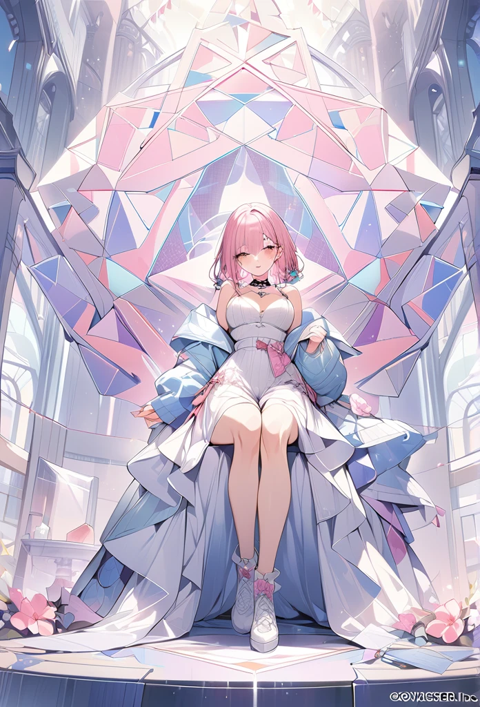 ,beautiful flower々）,mole under eye, heart shaped choker, (masterpiece, highest quality), official art, beautiful and aesthetic: 1.2), (1 girl), very detailed, (geometry art: 1.3), colorful、pink bob hair、bear ears、 whole body