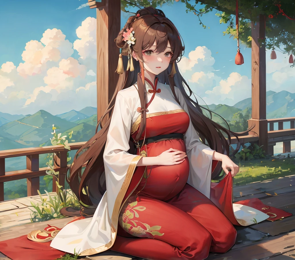 masterpiece, best quality,Five months pregnant, aldult, Chinese style, China, elder sister, Smile, brown hair, princess cut, Single braid,Full of motherhood,Chinese style婚礼服,pure,blush,Dignified yet lively,Mother,Place your hands on your stomach,Full of motherhood,Sexy,charming,Graceful and graceful,A thousand flavors,charming,With a royal air,long hair,With hairpins,Long Hanfu,beautiful,beautiful,The hand caressed the belly,There is a mature and maternal look on his face