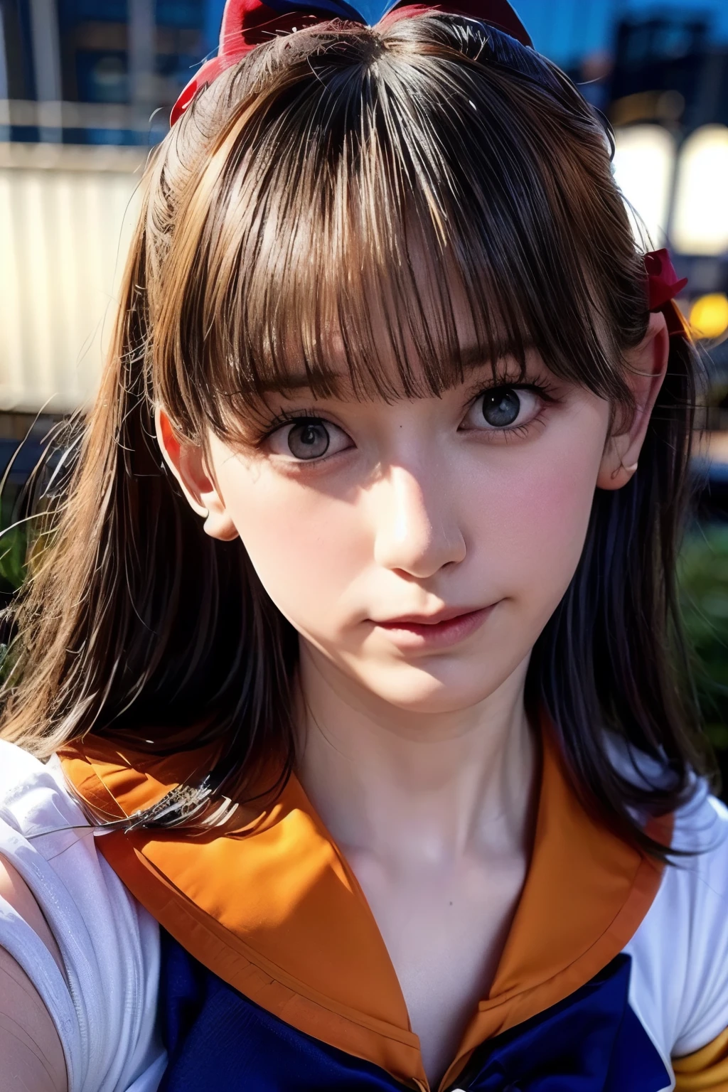 (realistic, photo-realistic:1.4), (best quality,masterpiece:1.2), RAW photo, high resolution, intricate details, extremely detailed, realistic and sharp details, cinematic lighting, portrait, frontal photography, solo, 1girl, sailor venus, sv1, MinakoAino, a Japanese female idol wearing a sailor senshi uniform, smuniform, jewelry, circlet, flower earrings, orange sailor collar, orange choker, blue neck ribbon, (white elbow gloves:1.2), orange skirt, orange ankle strap pumps, (red hair bow, blonde hair, long hair, bangs:1.5), detailed face, detailed eyes, pale skin, fine-textured skin, (perfect anatomy, prefect hands), photo background, outdoors,