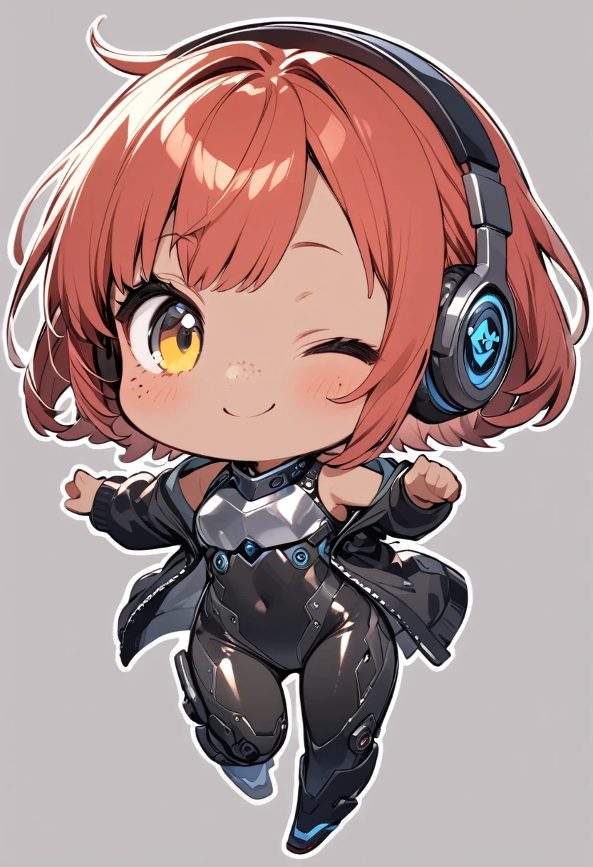 full body,1 girl,(cute:1.3),short, spiky, red Hair, left eye blue, right eye yellow, tan skin, freckles,｛White breastplate, Black futuristic headphones, Mechanical black glossy metallic Bodysuit, Bare shoulders, oversized jacket, Glossy, shiny material,chibi emote, chibi character, jumping pose
