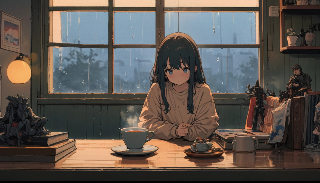 ((anime:1.4,figure)),(masterpiece, Highest quality, Highest quality),(Super detailed, The absolute solution),((16K, High resolution)), (((Cozy café interior, Wet day, Comfortable chair, Book, soft, Large window with raindrops, A steaming cup of tea or coffee on a table, Warm indirect lighting creates a calm atmosphere))), ((cozy lofi figure:1.4)), ((anime:1.4, figure)),(masterpiece, Highest quality, Highest quality),(Super detailed, The absolute solution),((16K, High resolution)) break {Lofi Art, Laurie Griesley's style, Makoto Shinkai&#39;s Style, anime aesthetic}, break { (Generates images with over 40 million pixels of information with the detailed texture of films shot with Sony SLR cameras。).}