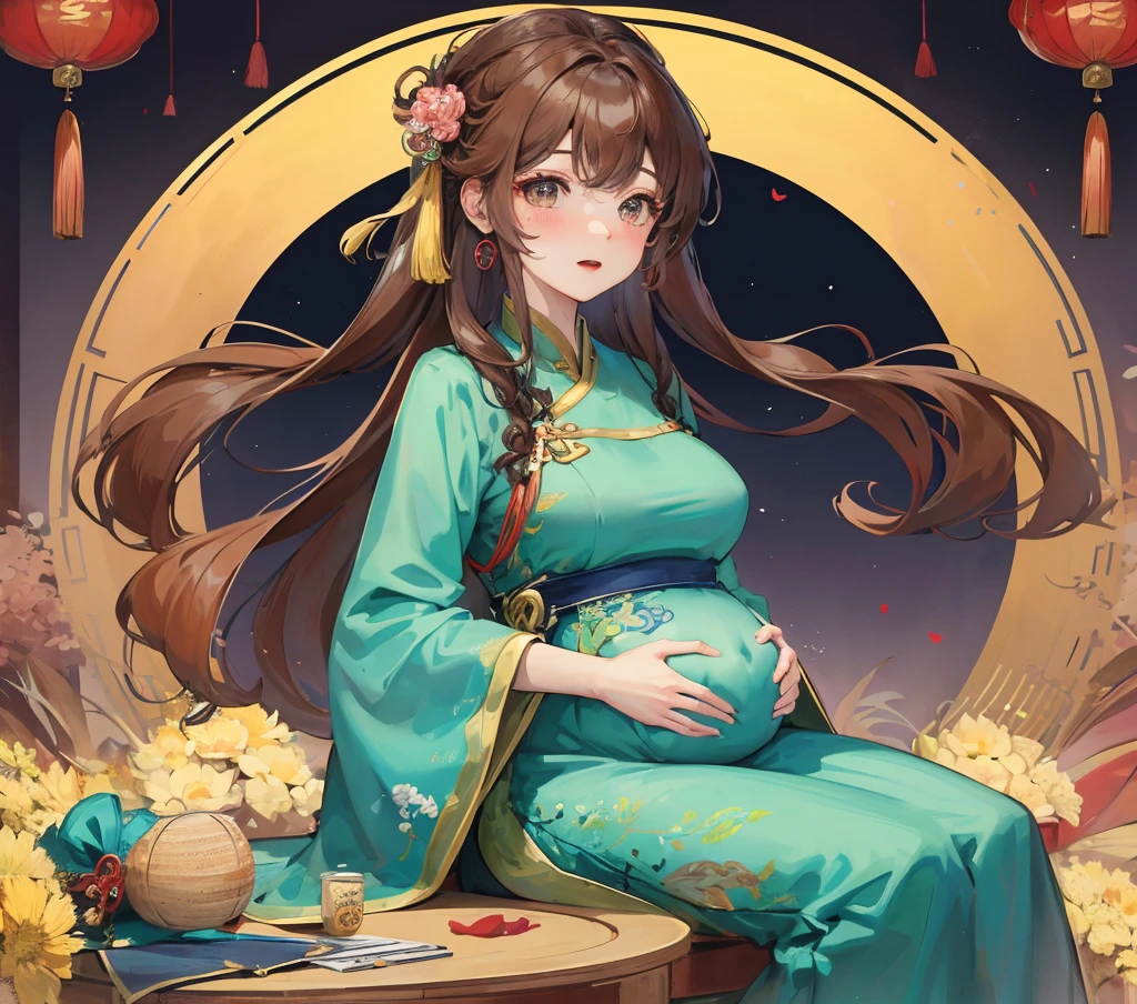 masterpiece, best quality, night, full moon, 1 girl, mature woman, Chinese style, China, elder sister, imperial elder sister, Smile, brown hair, princess cut, Fried dough braids, bun hair, Double ball head, Light pink lips, calm, intellectuals, Hair midpoint, green student, hairpin, hydrangeas,pregnancy