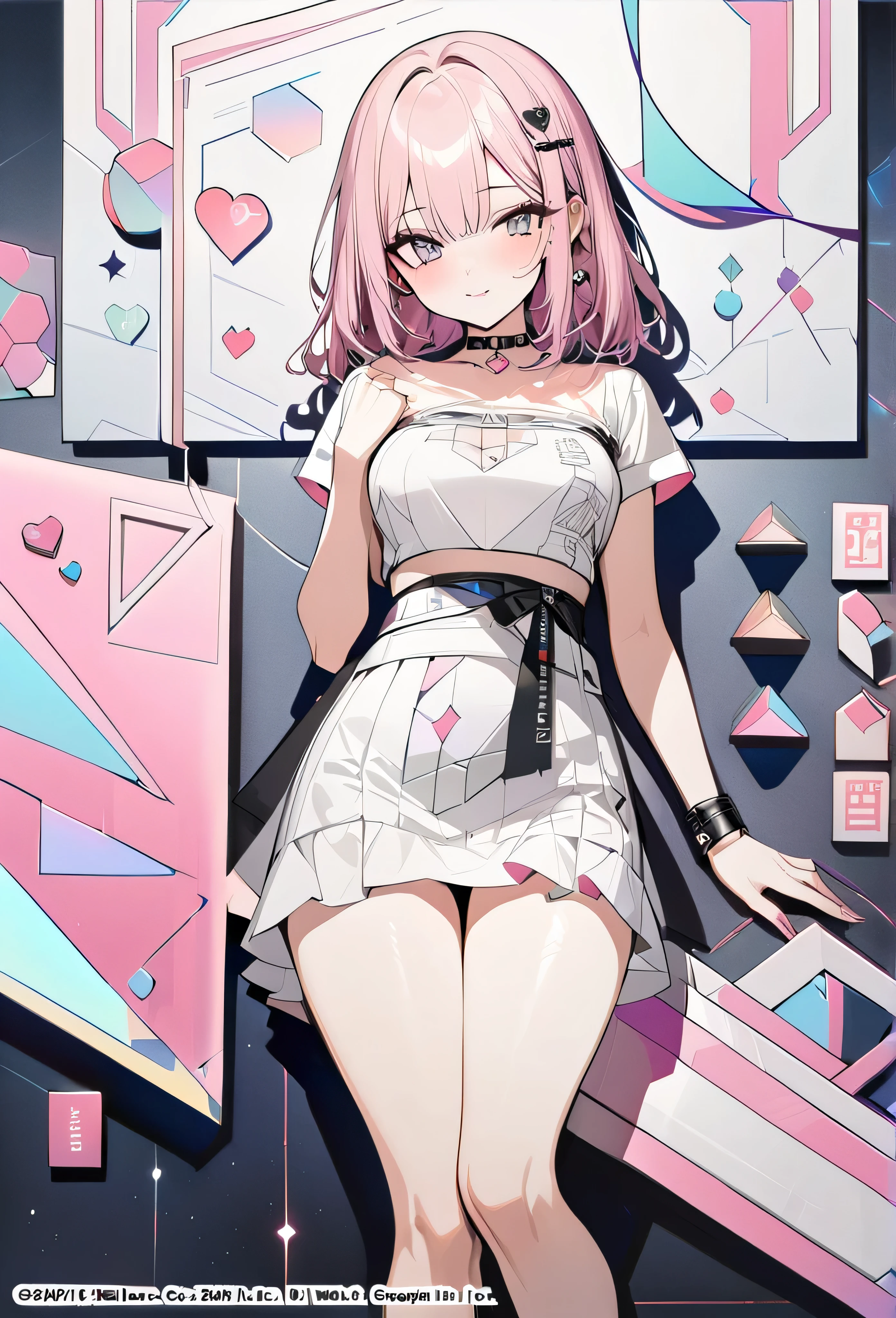 ,beautiful flower々）,mole under eye, heart shaped choker, (masterpiece, highest quality), official art, beautiful and aesthetic: 1.2), (1 girl), very detailed, (geometry art: 1.3), colorful、pink bob hair、cow hood cap shirt、mini skirt
