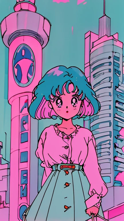 masterpiece, City Pop Style, Pink Hair, fluffy bob cut,  Retro, vintage ,Cityscape ,A woman with bob hair standing in front of a building,