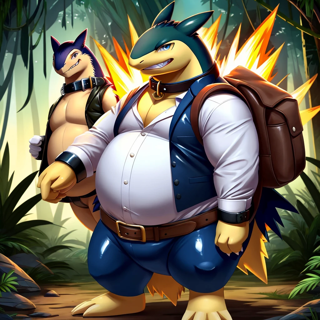 Male, fat, extremely obese, gentleman, dapper, Professor Typhlosion with a large penis and testicles, sperm coming out of the penis, blue eyes, (posing:1.3), (soft shading), 4k, hi res, ((detailed face, detailed)), evil grin, jungle, forest, collared shirt with buttons, top hat, male focus, Explorer Outfit, glasses, monocle, bag, vest with buttons, backpack, sleeves rolled up, round eyewear, brown headwear, brown vest, Typhlosion is wearing a glossy leather dog collar around the neck, Typhlosion is wearing the leather collar and shirt and vest at the same time, Typhlosion is wearing glossy white rubber gloves on the hands, wearing white rubber gloves on the feet, Typhlosion is wearing glossy white cuffs around the wrists with cufflinks, gloves are rubber in texture, clenching teeth, clenching fists, leather collar is glossy and shiny with a lot of detail, Typhlosion is wearing gloves and cuffs and cufflinks at the same time, leather collar has a round dog-tag, leather collar is thick and detailed. A second fat Typhlosion with the same attire wearing glossy white gloves on the hands and a glossy leather dog collar around the neck, second Typhlosion is sucking the first Typhlosion's Penis, second Typhlosion has sperm on his mouth, second Typhlosion is rubbing the first Typhlosion's penis.