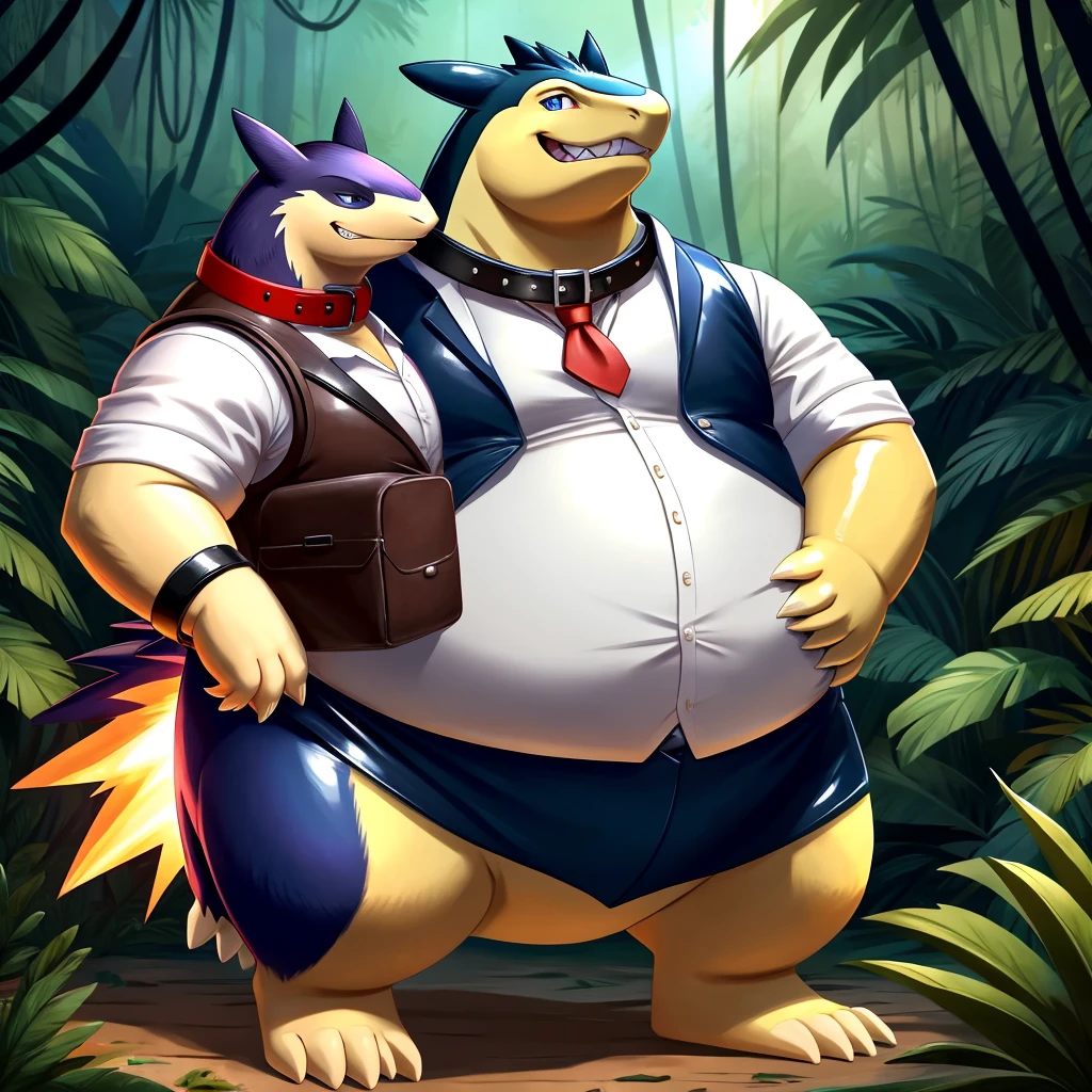 Male, fat, extremely obese, gentleman, dapper Professor Typhlosion, with a penis, ejaculating sperm from the penis, blue eyes, (posing:1.3), (soft shading), 4k, hi res, ((detailed face, detailed)), evil grin, jungle, forest, collared shirt with buttons, top hat, male focus, Explorer Outfit, glasses, monocle, bag, vest with buttons, backpack, sleeves rolled up, round eyewear, brown headwear, brown vest, Typhlosion is wearing a glossy leather dog collar around the neck, Typhlosion is wearing the leather collar and shirt and vest at the same time, Typhlosion is wearing glossy white rubber gloves on the hands, wearing white rubber gloves on the feet, Typhlosion is wearing glossy white cuffs around the wrists, gold cufflinks gloves are rubber in texture, clenching teeth, clenching fists, leather collar is glossy and shiny with a lot of detail, Typhlosion is wearing gloves and cuffs and cufflinks at the same time, leather collar has a round dog-tag, Typhlosion having sex by inserting his penis into a second Typhlosion's butthole, second Typhlosion had the same attire, second Typhlosion is lying down.