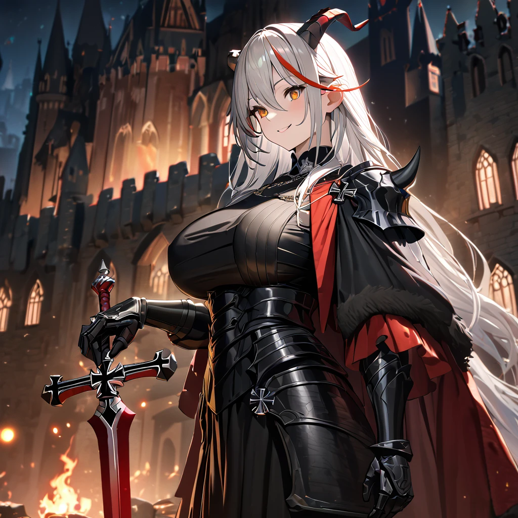 A woman wearing black heavy armor, black metal bracelet, black metal boots, horned shoulder pads, wearing a red fur cape, iron cross necklace on her neck,horns, big breasts, smiling, perfect face, holding a red sword with flames, black metal gloves, white hair, long hair, red bangs, multicolored hair, yellow eyes, on the outside of a gothic medieval castle, medieval setting, wide view of the sky, night place, illuminated.UHD , prime work , accurate , anatomically correct , textured skin , super details , high quality , best quality, 8k, high resolution, bokeh effect. (woman alone),
