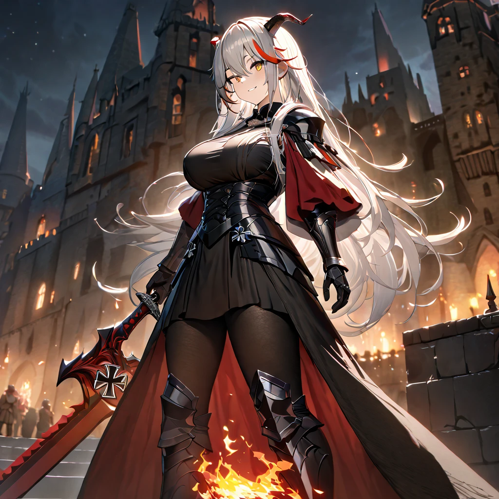 A woman wearing black heavy armor, black metal bracelet, black metal boots, horned shoulder pads, wearing a red fur cape, iron cross necklace on her neck,horns, big breasts, smiling, perfect face, holding a red sword with flames, black metal gloves, white hair, long hair, red bangs, multicolored hair, yellow eyes, on the outside of a gothic medieval castle, medieval setting, wide view of the sky, night place, illuminated.UHD , prime work , accurate , anatomically correct , textured skin , super details , high quality , best quality, 8k, high resolution, bokeh effect. (woman alone),
