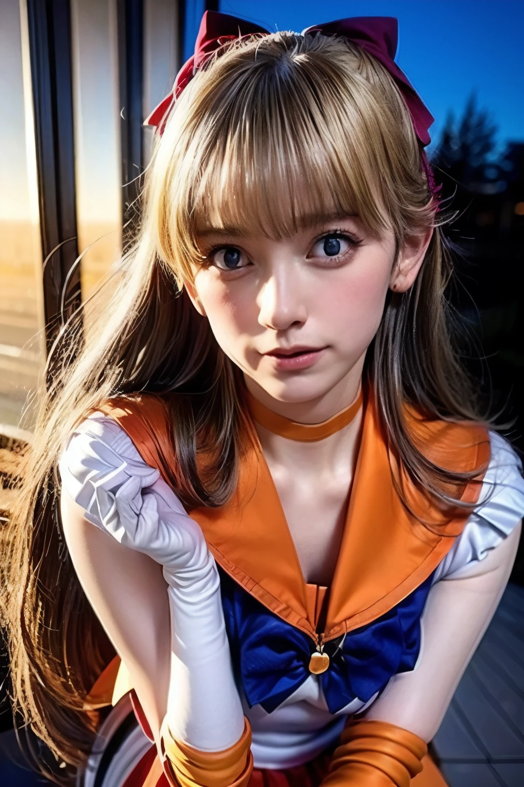 (realistic, photo-realistic:1.4), (best quality,masterpiece:1.2), RAW photo, high resolution, intricate details, extremely detailed, realistic and sharp details, cinematic lighting, full body, frontal photography, solo, 1girl, sailor venus, sv1, MinakoAino, a Japanese female idol wearing a sailor senshi uniform, smuniform, jewelry, circlet, flower earrings, orange sailor collar, orange choker, blue neck ribbon, (white elbow gloves:1.2), orange skirt, orange ankle strap pumps, (hair bow, blonde hair, long hair, bangs:1.5), detailed face, detailed eyes, pale skin, fine-textured skin, (perfect anatomy, prefect hands), photo background, outdoors, 