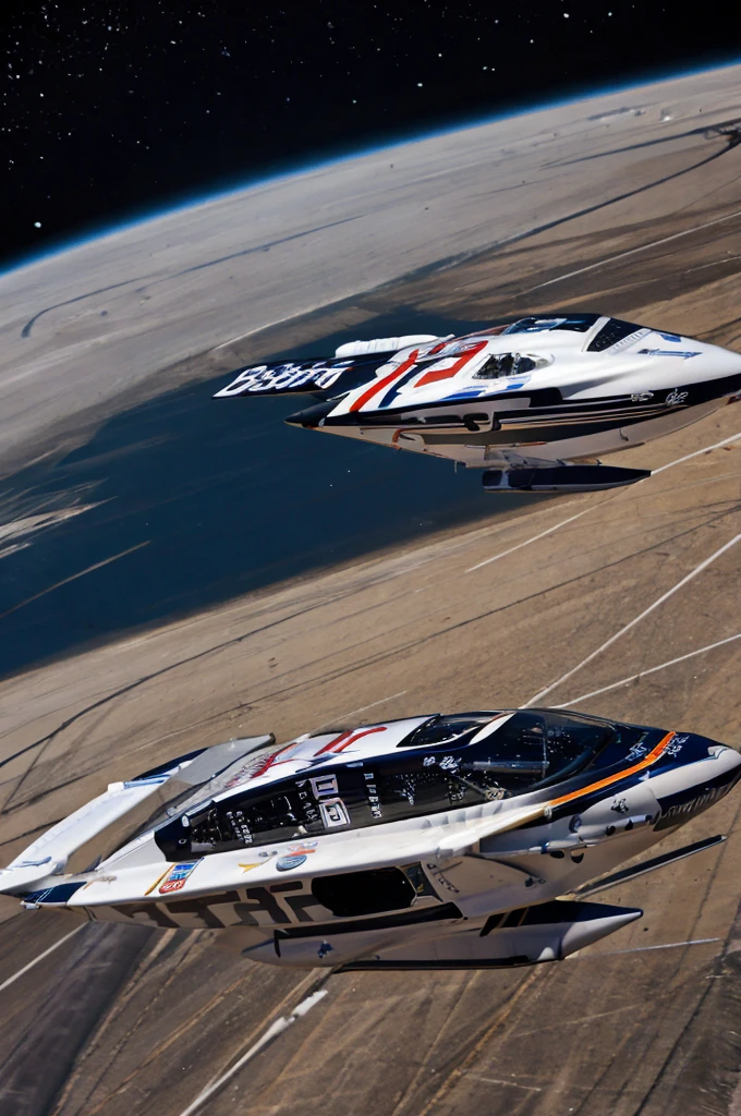 a futuristic aircraft racer with nascar markings flying in outer space in a space race, masterpiece, best, photo realistic space race