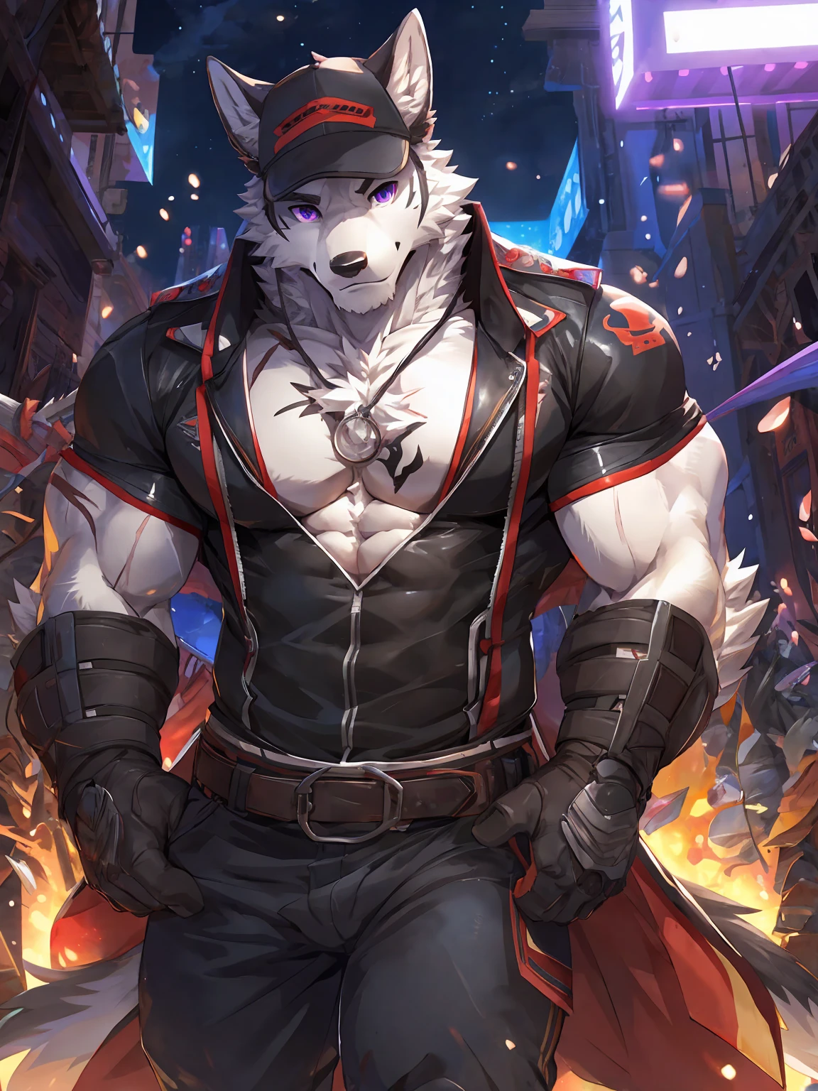 embedding:Black wolf，male, Purple eyes,Scar on the face, Single Person,black fur.The chest and abdomen are white fur.A film actor,in the movie set.Wear casual clothes.Wearing a cap,Tattoo,Adult male,strong,Handsome,Muscular,Tall,Best quality hands, best quality eye，detailed fur，Delicate eyes.Extreme picture quality，by sollyz,by zixiong,by null_ghost