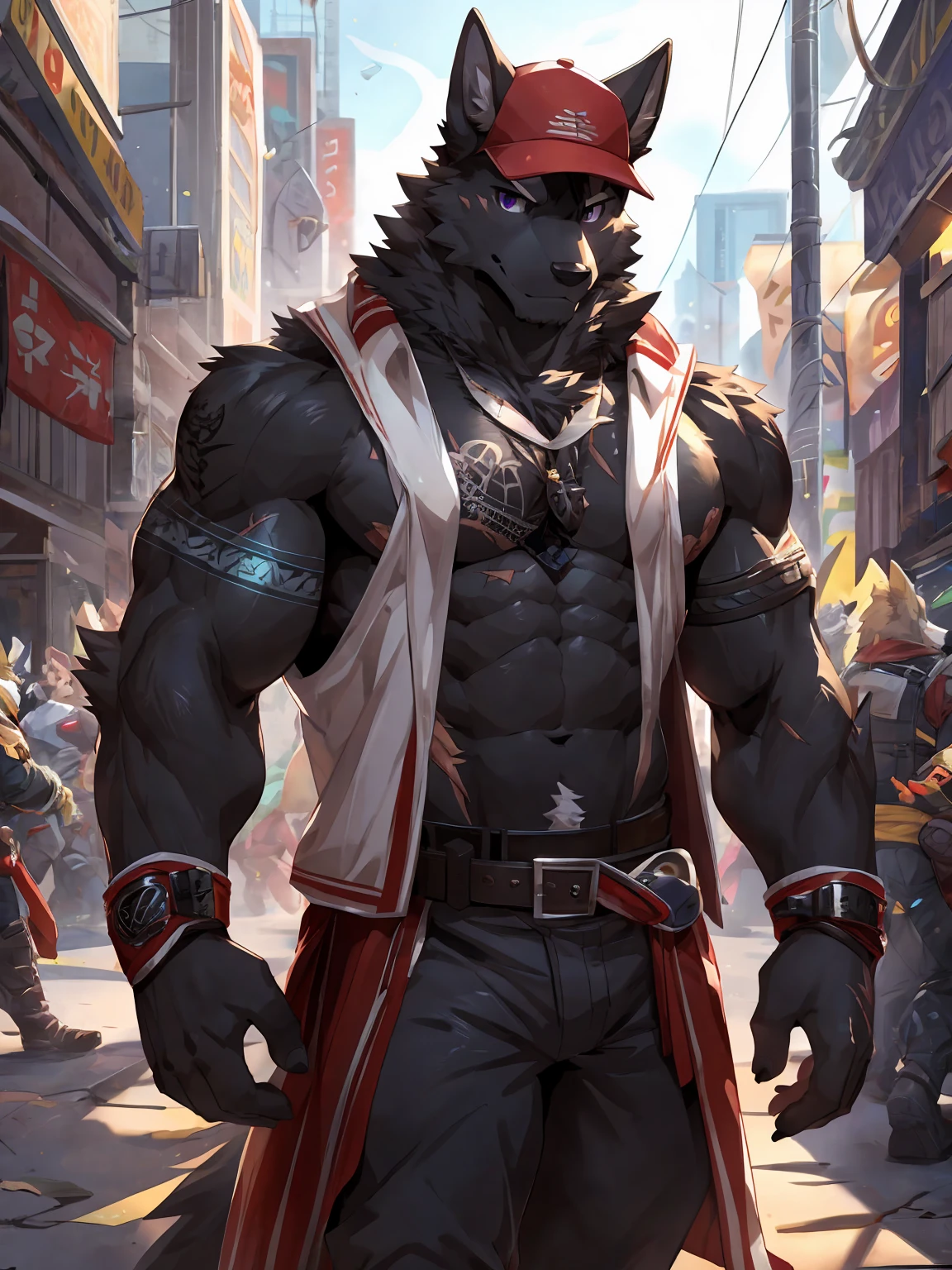 Masterpieceы, fluffy, Male, anthropomorphic, red wolf,veiny, athletic body, tender eyes, shiny body, Street Thug, anime, depth of field, perfect lighting, (Best quality),(Masterpiece),(ultra detailed), sharp focus, detailed background, black boxer, shirtless, fierce look, Soldier's look, whole body, Six pack abs, black nipples, black gloves,Glossy leather