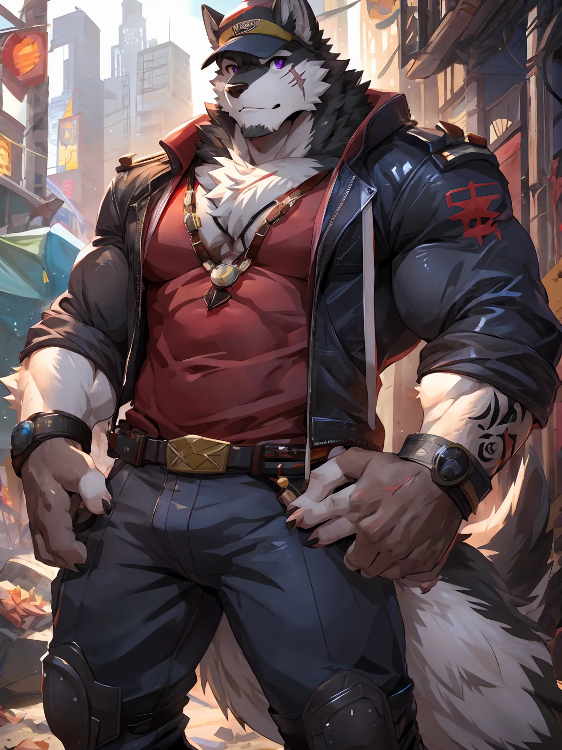 独奏, chemise,jackets, Open your clothes, Hood up, White shirt, hoody, very muscular, chest muscle, mucular male, Bala, jaqueta com capuz, 独奏,1boys, Male focus, very muscular, chest muscle, mucular male, Sharp nails, nightcity, neon lit, Long hairs, Blue fur ,Thick legs,Thick black socks,Lewd expression,独奏,solo person,Thick black socks,Only one person!Stick out your tongue,Nipple rings,Cross your hands at the waist,Chest,Blue pupil,pendant